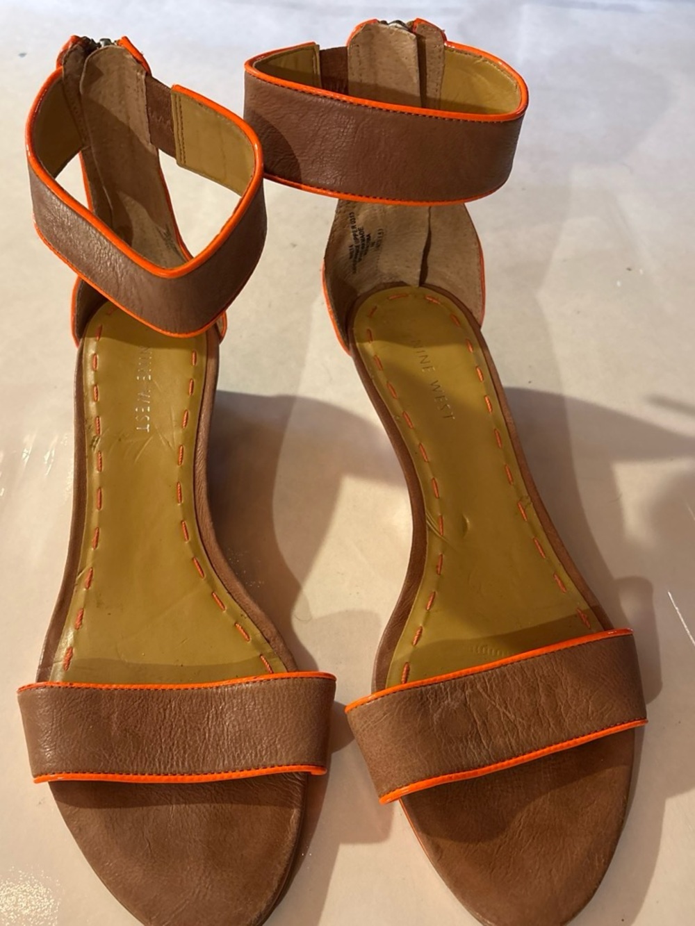 Nine West Ankle Strap Brown Leather Sandals with Orange Trim
